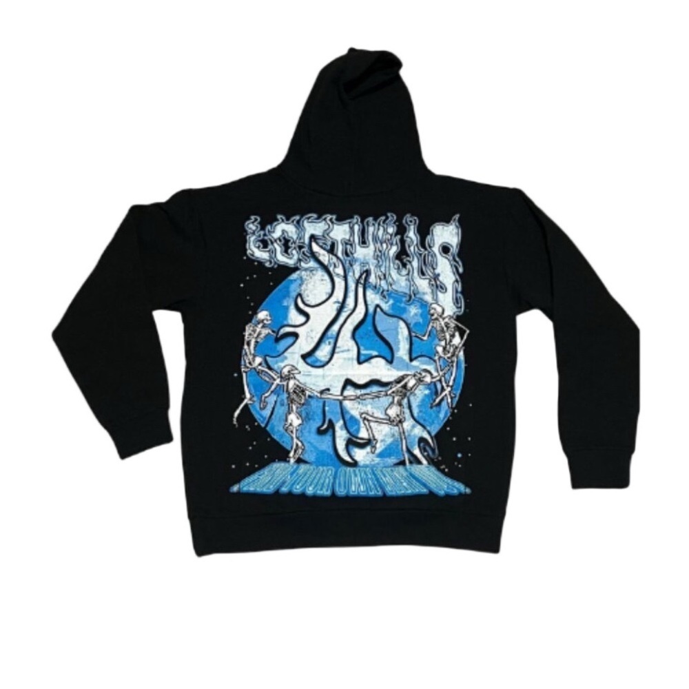 Lost Hills Mens Black Hoodie with Blue Graphic Design XL